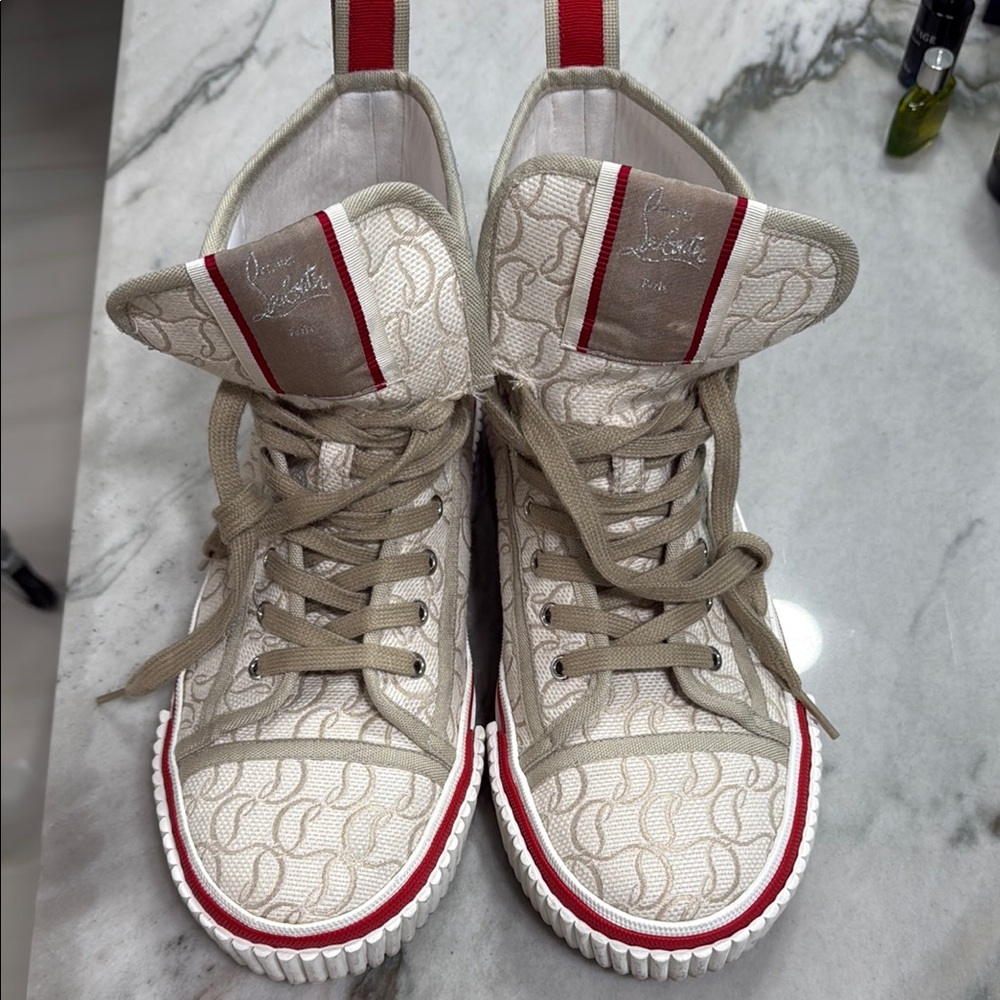 Christian Louboutin Beige and Red High-Top Sneakers